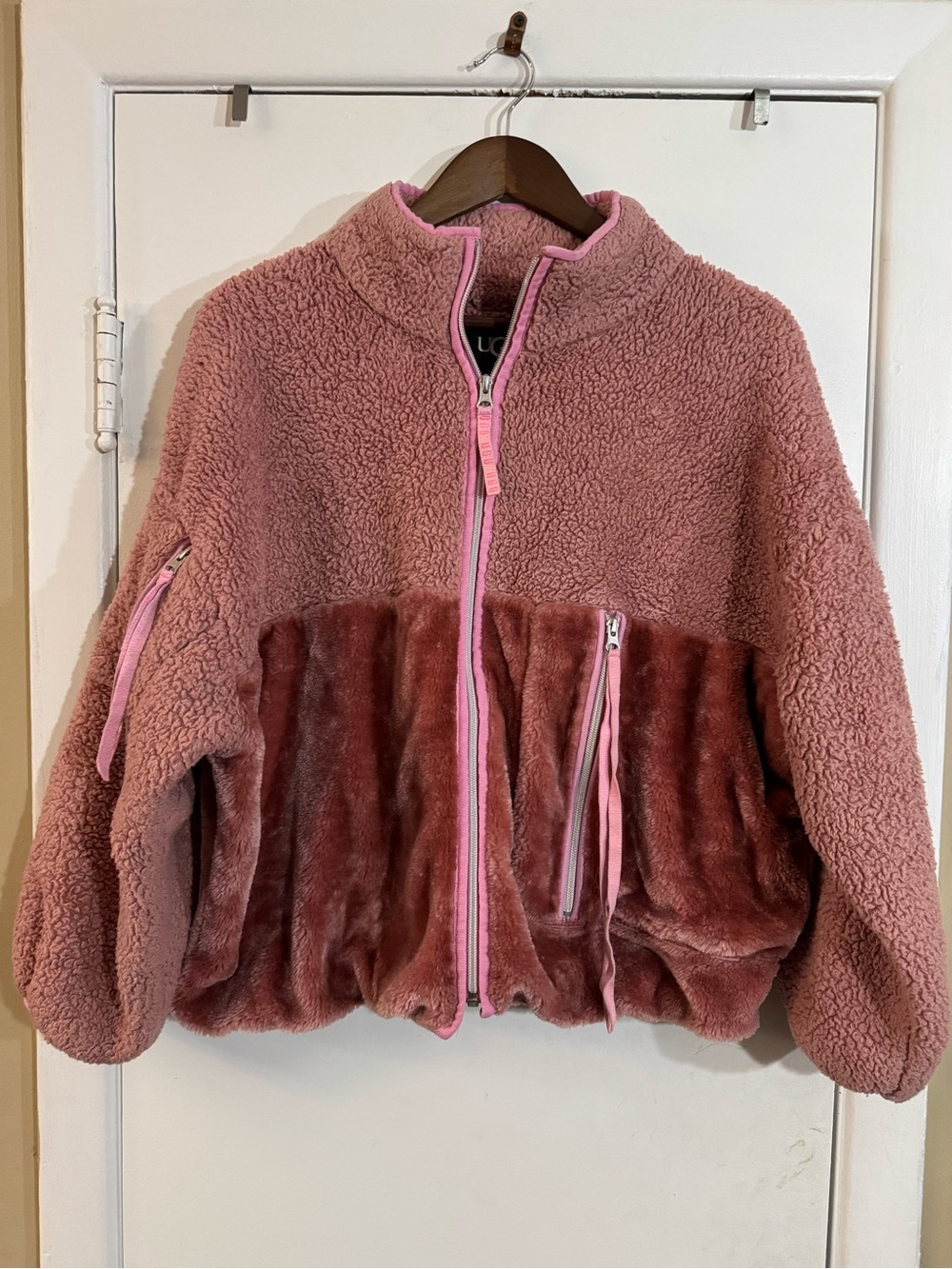 UGG Two-Tone Pink Sherpa & Faux Fur Zip Jacket